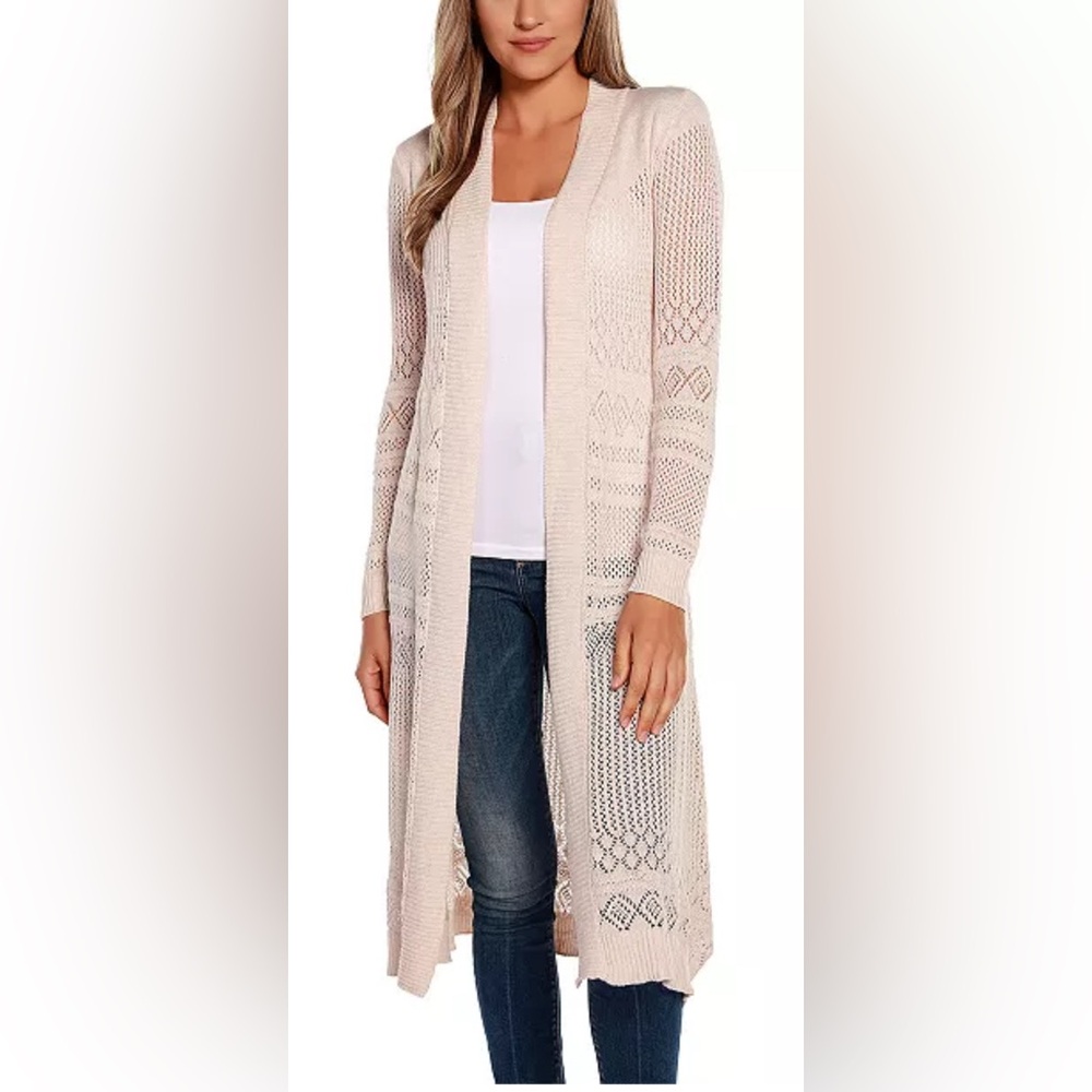 Belldini
Pointelle-Stitch Duster Cardigan Sweater Color:Heather Oatmeal